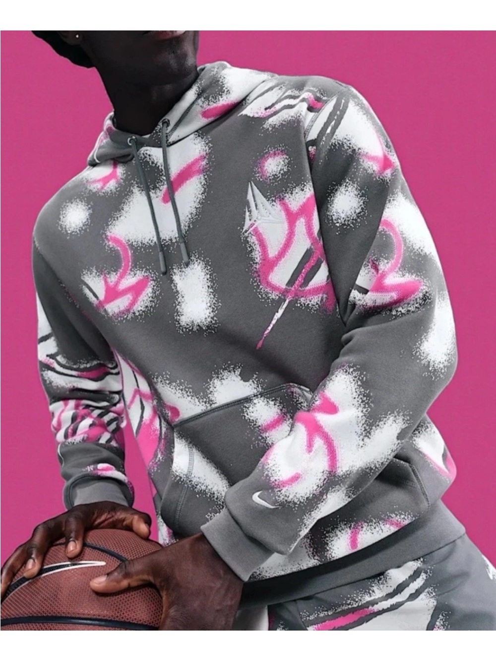 Nike Gray Ja Morant Hoodie with Pink Spray-Print Accents